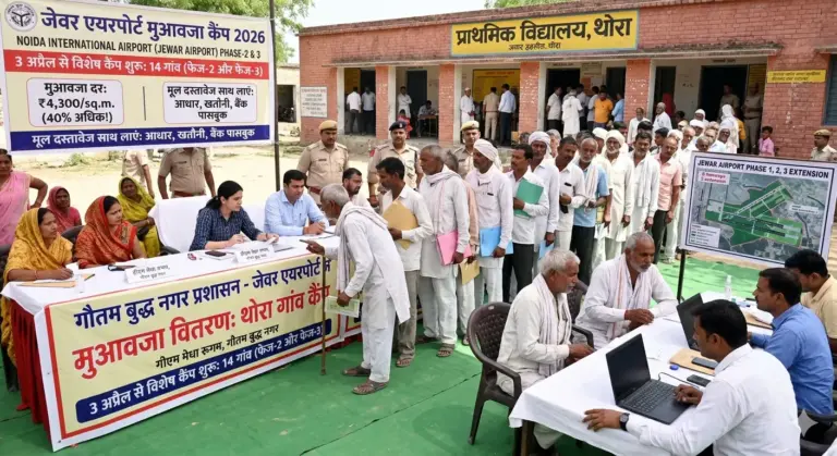 जेवर एयरपोर्ट मुआवजा 2026 कैंप, डीएम मेधा रूपम