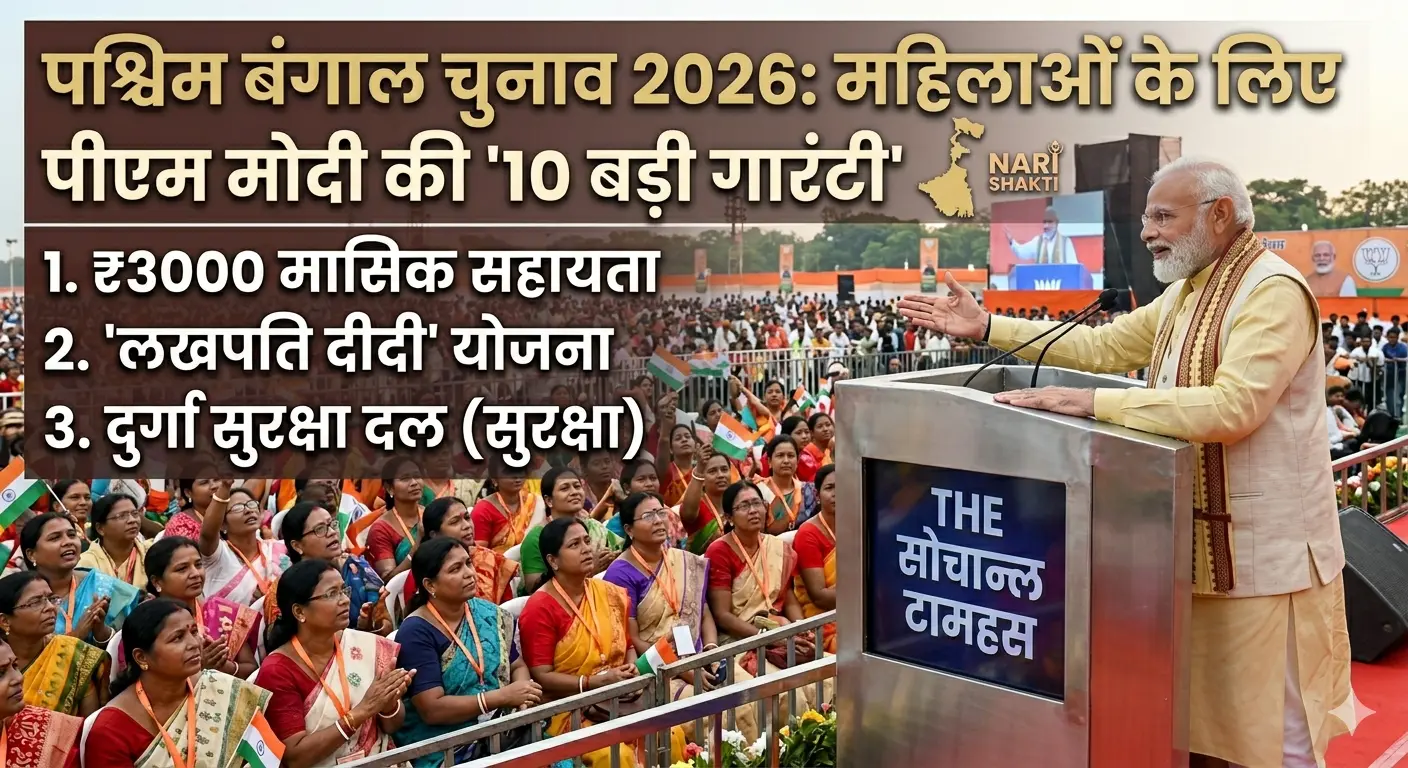 PM Narendra Modi announcing 10 poll guarantees for West Bengal women 2026 rally.